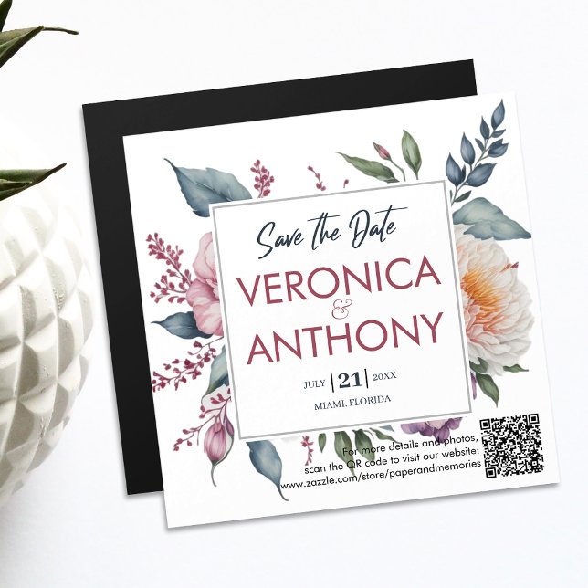 Convite Salvamento Floral Elegante Data Código QR Casament (Save the Date magnetic card with a QR code. Your guests can easily check your wedding details online)