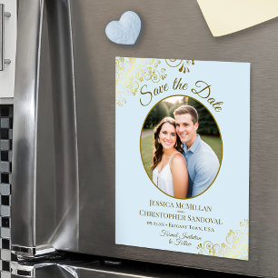 Convite Salvar a Data de Casamento em Azul Claro e Dourado