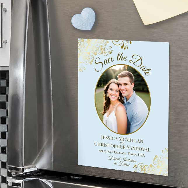 Convite Salvar a Data de Casamento em Azul Claro e Dourado (Magnetic Back for Easy Display!)