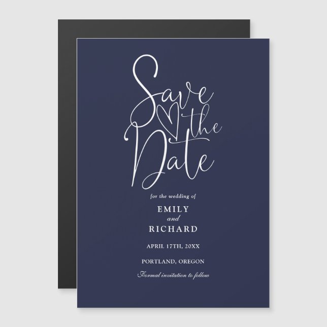 Convite Salvar a Data de Casamento em Azul Marinho com Let (Frente/Verso)