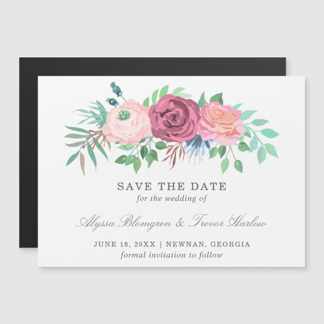 Convite Salvar a data do casamento floral rosa (Frente/Verso)