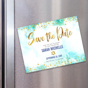 Convite Salvar Data Bat Mitzvah Água-marinha Dourada Aquar