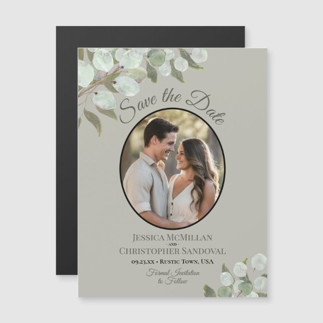 Convite Salvar Data de Casamento Foto & Folhagem Sage (Frente/Verso)