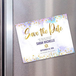 Convite Salve a Data Bat Mitzvah Dourado Roxo Aquarela