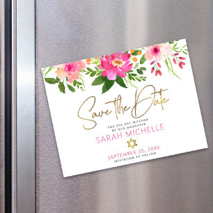 Convite Salve a Data Bat Mitzvah Dourado Script Rosa Flora