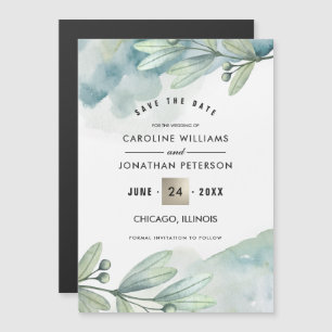 Convite Salve a data. Casamento Botânico Verde Azul