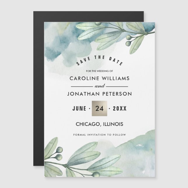 Convite Salve a data. Casamento Botânico Verde Azul (Frente/Verso)