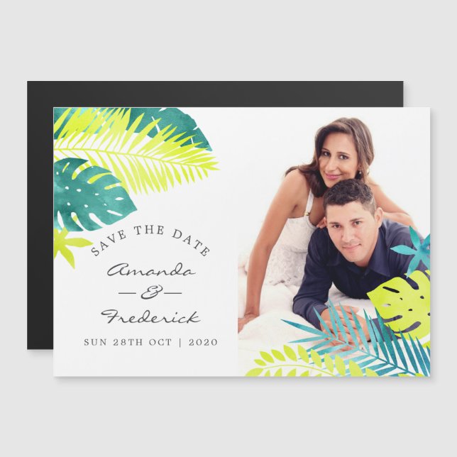Convite Salve a Data de Casamento Tropical em Verde-Azul e (Frente/Verso)