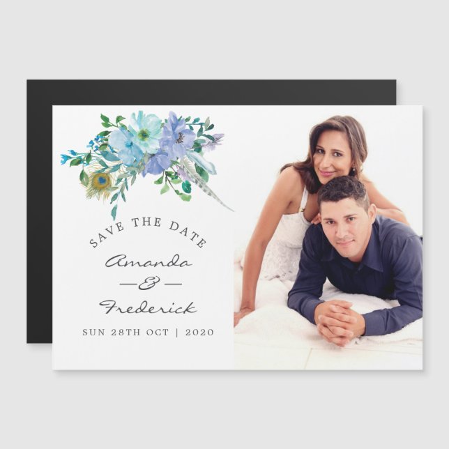 Convite Salve o Dia de Casamento Floral Boho Verde e Azul (Frente/Verso)