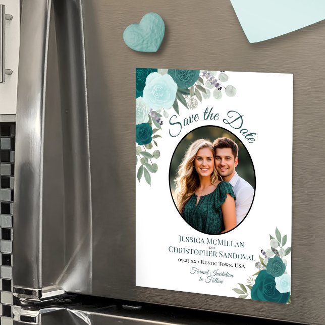 Convite Salve o Dia do Casamento Floral Boho Verde e Foto (Magnetic Card for Easy Display!)
