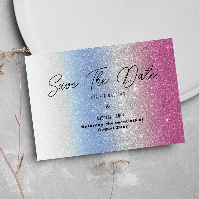 Convite Save The Date com brilho rosa azul prata o (Pink blue silver ombre glam glitter Save The Date )