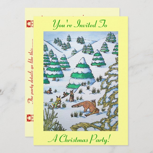 convite sazonal para a cena de neve da raposa e co (Frente/Verso)