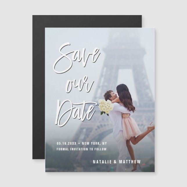 Convite Script manuscrito branco Salvar nossa foto de data (Frente/Verso)