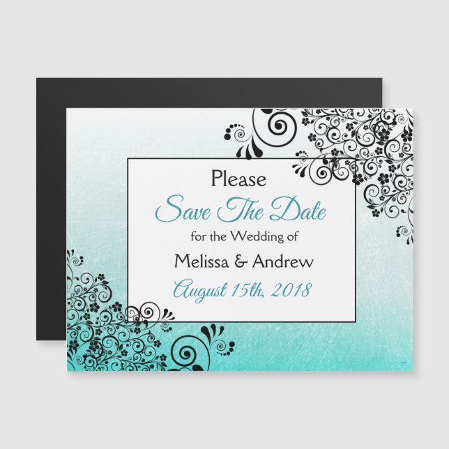Convite Script Teal Salve a data Magnet de Casamento (Frente/Verso)