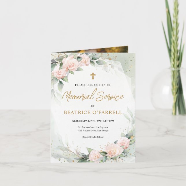 Convite Serviço de Memória Fotográfica Dourada Cruz e Flor (Frente)