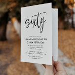 Convite Sessenta | 60º aniversário preto e branco moderno<br><div class="desc">Este moderno, preto e branco, convite de aniversário 60º apresenta a tipografia moderna clássica. A palavra "sessenta" aparece na caligrafia do estilo do script. Perfeito por dar o tom de na moda para uma maravilhosa, sexagésima celebração festa de aniversário. O esquema de cores do convite é fácil de personalizar -...</div>