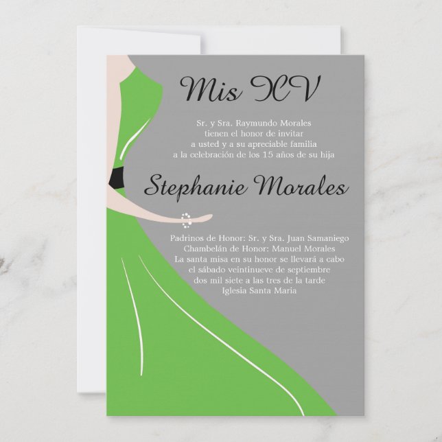 Convite Silhouette Quinceanera, Vestido Verde (Frente)
