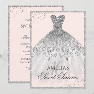 Convite Silver Dress Sparkle 16th Sweet Sixteen