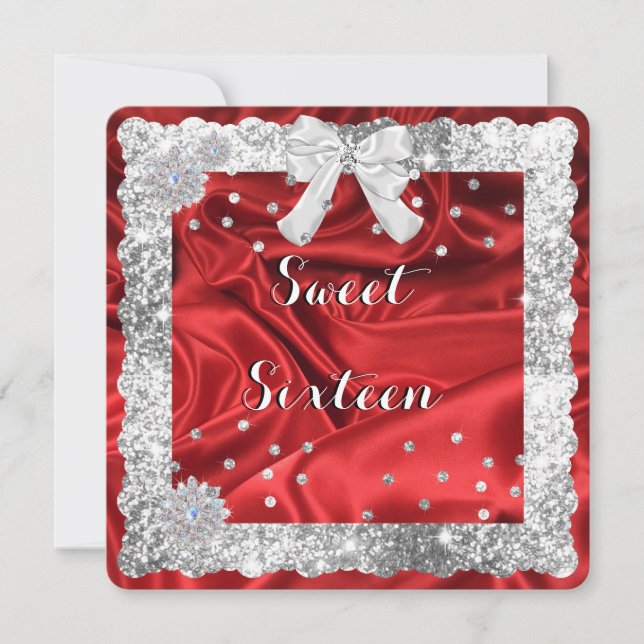 Convite Silver Glitter, Red Satin Sweet Sixteen (Frente)
