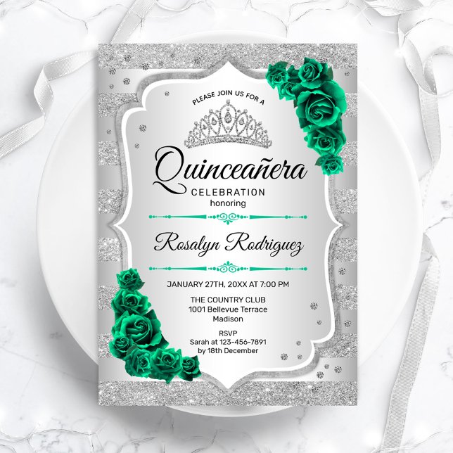 Convite Silver Green Quinceanera (Criador carregado)