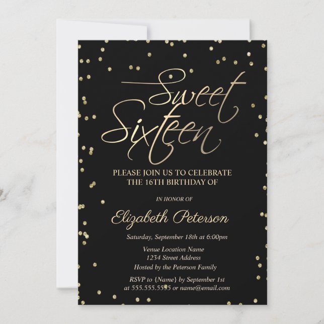 Convite Simple Gold Diamonds Black Sweet 16  (Frente)