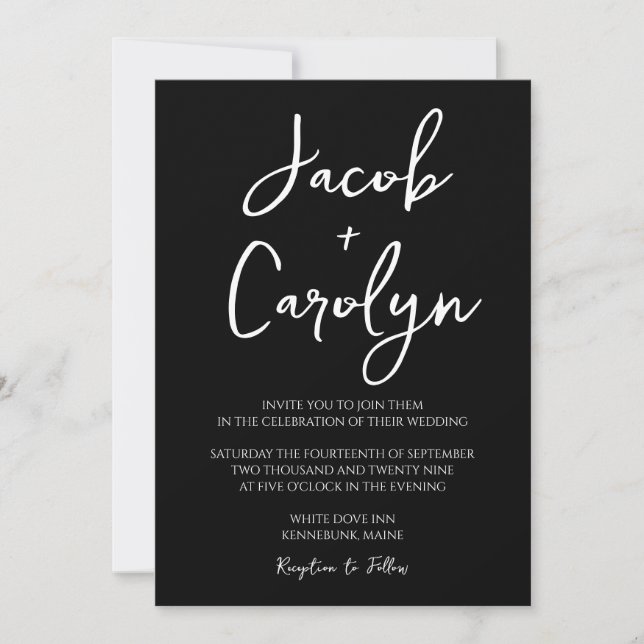 Convite Simples de Casamento Branco Negro Minimali (Frente)