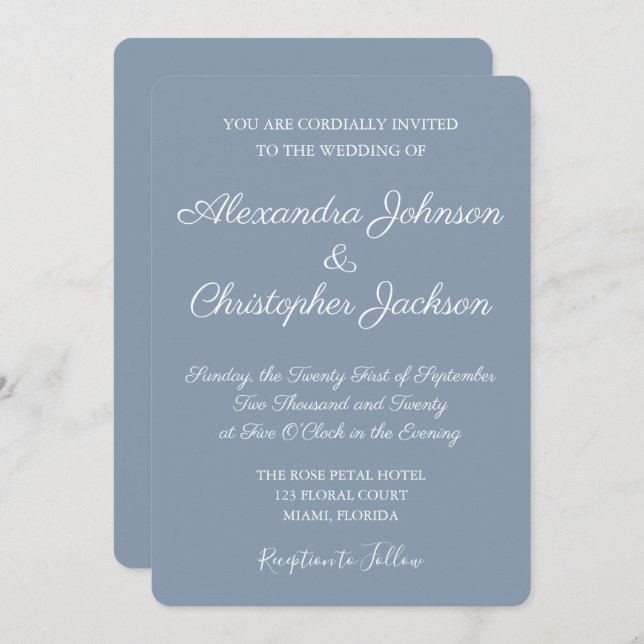 Convite Simples de Casamento Dusty Blue e White (Frente/Verso)