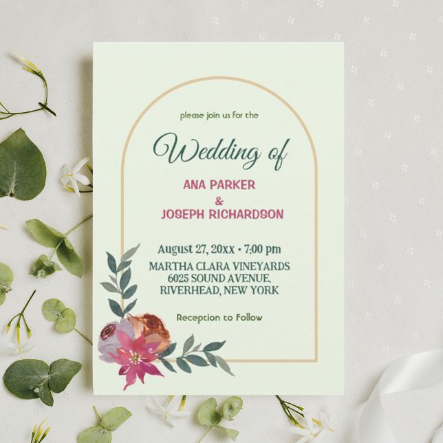 Convite Simples de Casamento Floral Cor-de-Rosa e  (Criador carregado)