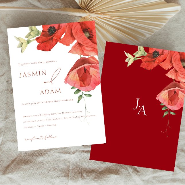 Convite Simples De Casamento Floral De Crimson Red (Simple Crimson Red Poppy Floral Wedding Invitation)