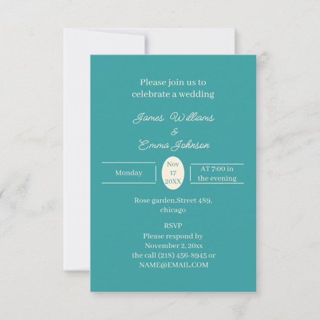 Convite Simples De Casamento Personalizado De Teal (Frente)