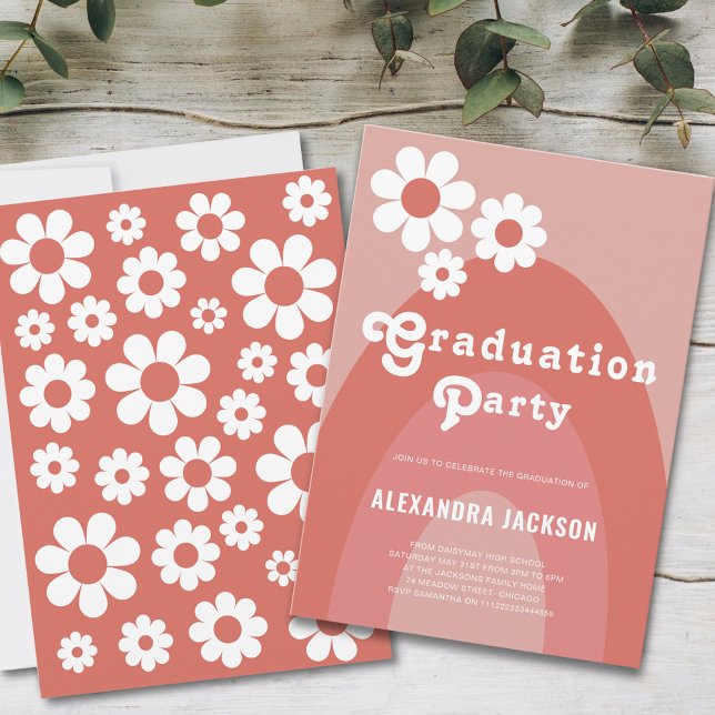 Convite simples de margarida de Festa de formatura (Retro vintage daisy arch graduation party invitation peach orange terracotta earthy tones)