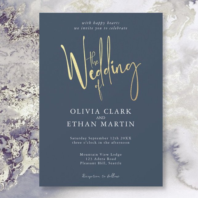 Convite Simples Elegante Dourado Elegante Azul mar (Criador carregado)