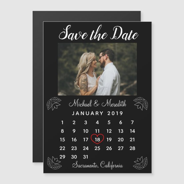Convite Simples Foto do Calendário de Casamento Preto Salv (Frente/Verso)