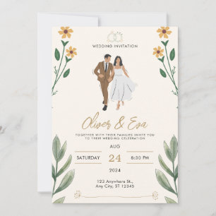 Convite Simples Ilustrado De Casamento Cream Verde
