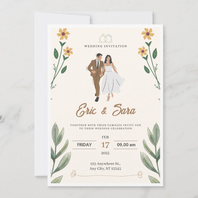 Convite Simples Ilustrado De Casamento Cream Verde (Frente)