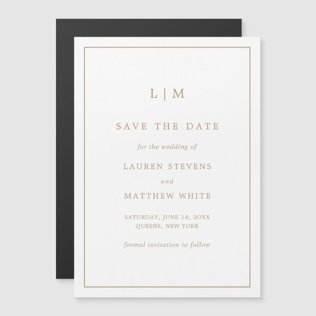 Convite Simples Monograma de Noivado em Ouro Save the Date (Frente/Verso)