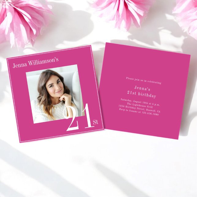 Convite simples para aniversário de 21 anos modern (beautiful pink 21st birthday invitation with a photo in a minimalistic design)