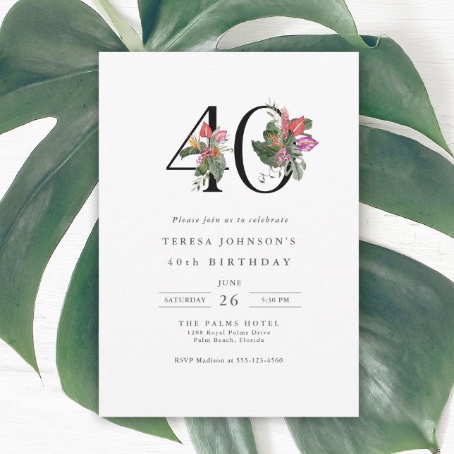 Convite simples para aniversário de 40 anos tropic (Available as both printed and instant download digital formats.)