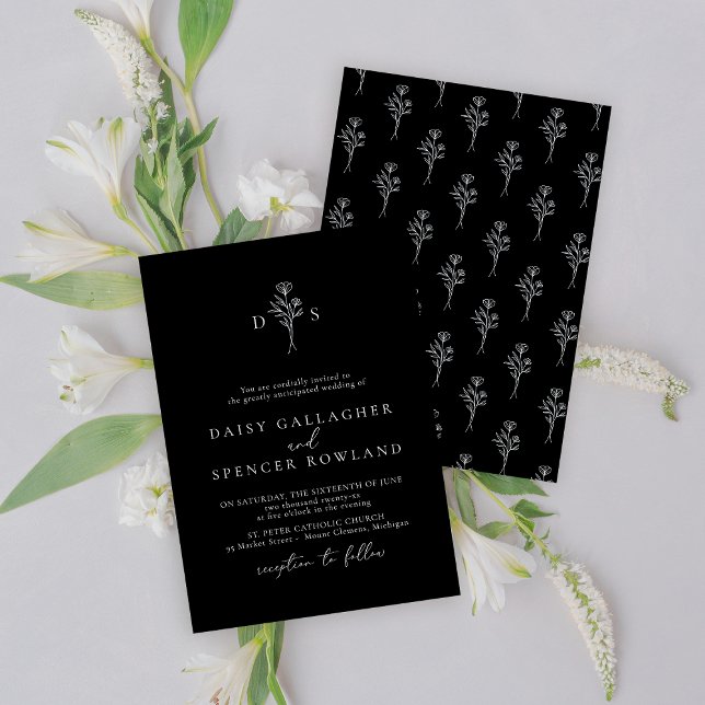 Convite Simples para Casamento Negro com Design Fl (Criador carregado)