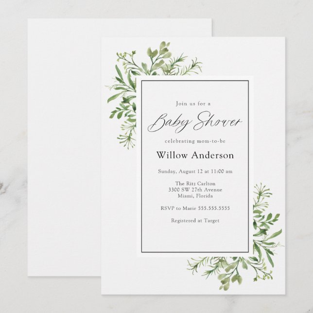 Convite simples para Chá de fraldas verde (Frente/Verso)