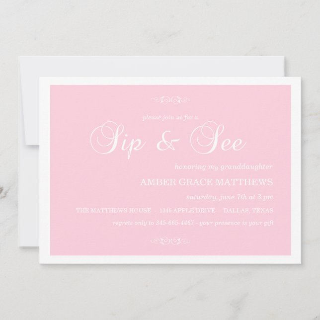 Convite Sip And See Damask Rosa e Branco (Frente)