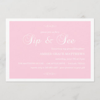 Convite Sip And See Damask Rosa e Branco