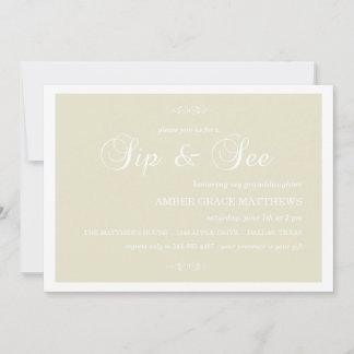 Convite Sip And See em Damask Creme e Branco
