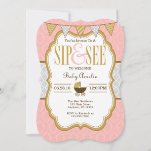 Convite Sip And See Rosa Cinza Dourado