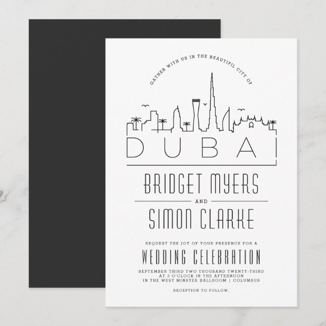 Convite Skyline Deco para Casamento de Dubai (Frente/Verso)