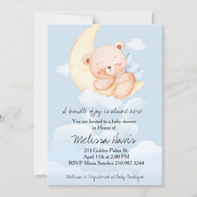 Convite Sleepy Bear Baby Shower Invitation  (Frente)