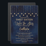 Convite Sob o Marinho das estrelas Blue Dourado Sparkles S<br><div class="desc">Este elegante e chico, "Sob as Estrelas", tipografia Doce Dezesseis festa de aniversário é o perfeito para uma bela festa ao ar livre. O convite é escrito para uma festa de dança e janto, mas o texto pode ser alterado para descrever um filme ao ar livre, um churrasco, um grupo...</div>