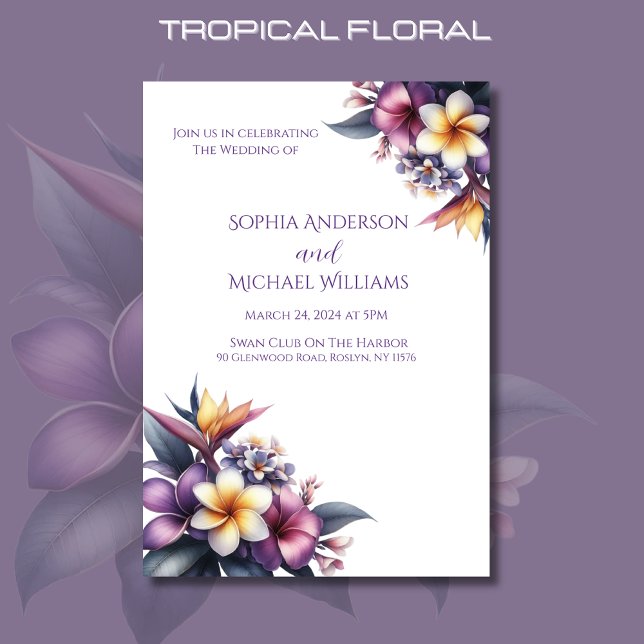 Convite sobre tema de casamento tropical (Tropical Floral Wedding Invitation-Beach Wedding-Island-Hawaiian-Purple)