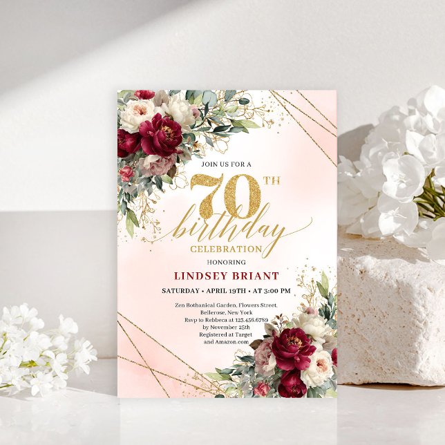 Convite Sofisticado Boho Floral Borgonha para 70 a (Sophisticated Burgundy Floral Boho 70th Invitation)