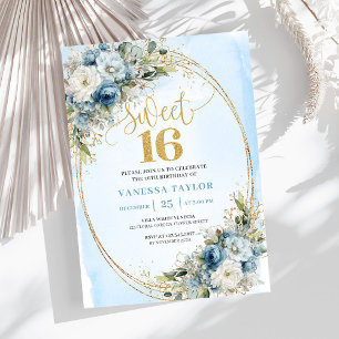 Convite Sofisticado Dusty Blue Gold Sweet Sixteen